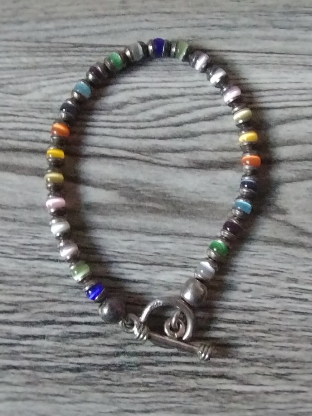 Sterling Silver Rainbow Cats Eye Bead Toggle Bracelet